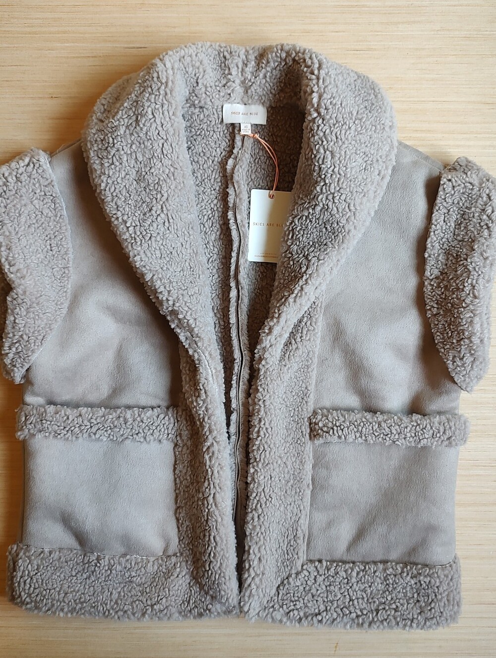 Skies Are Blue Shawl Collar Suede Taupe Grey Shearling Patch Pockets Jacket XS